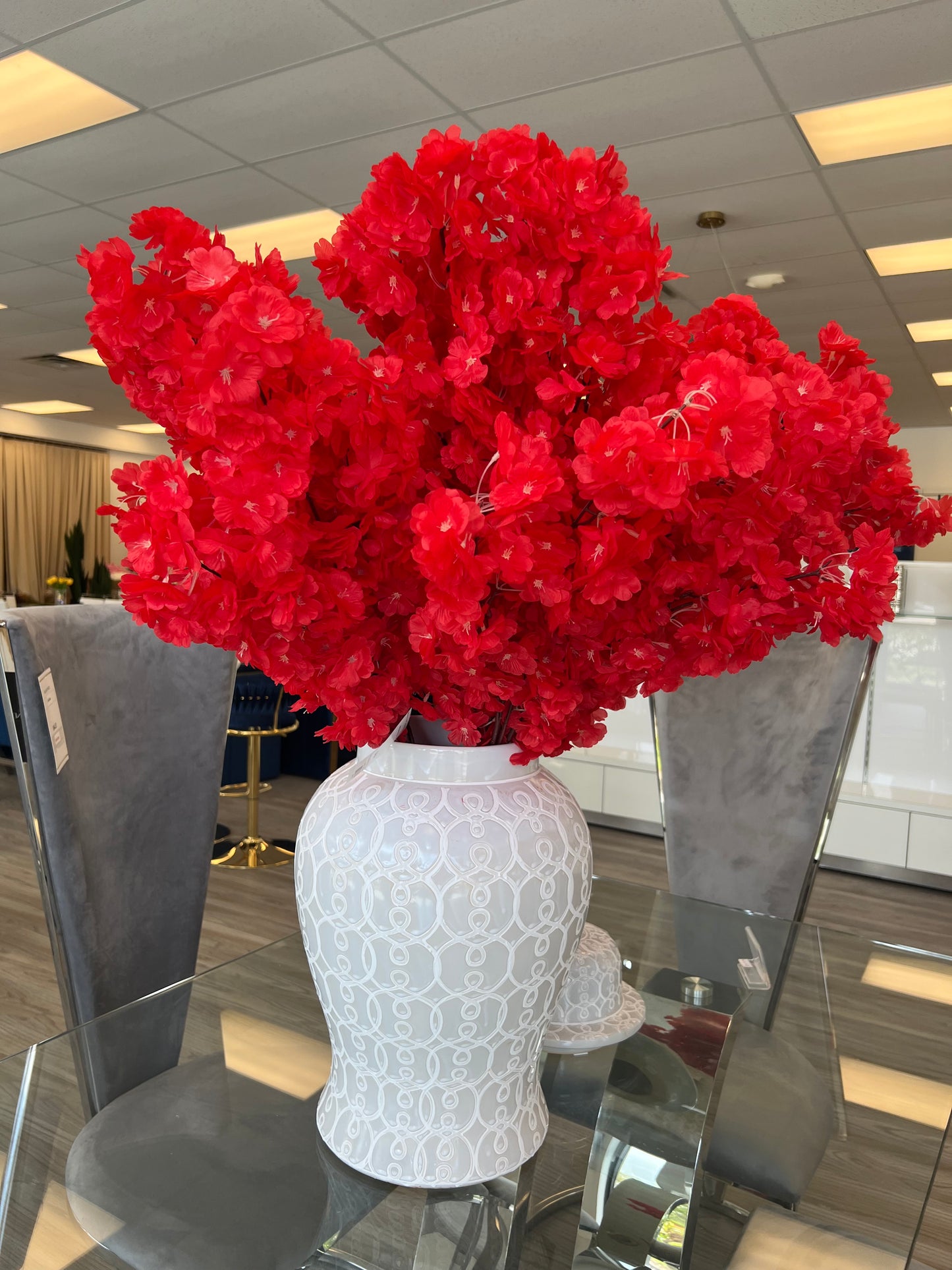 Cherry Blossom Artificial Red Flowers Stems 3pc