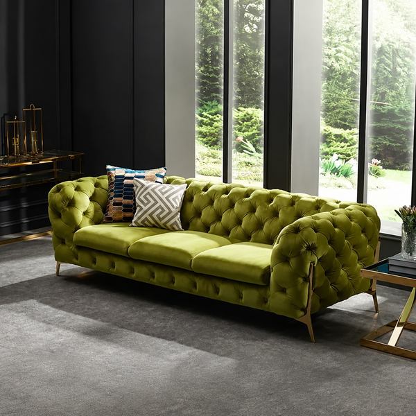 Green Velvet Chesterfield Sofa with Gold Legs