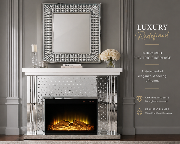 Luxury Electric LED Mirror Fireplace | Modern Crystal Fireplace Console – Red Diamond Furniture
