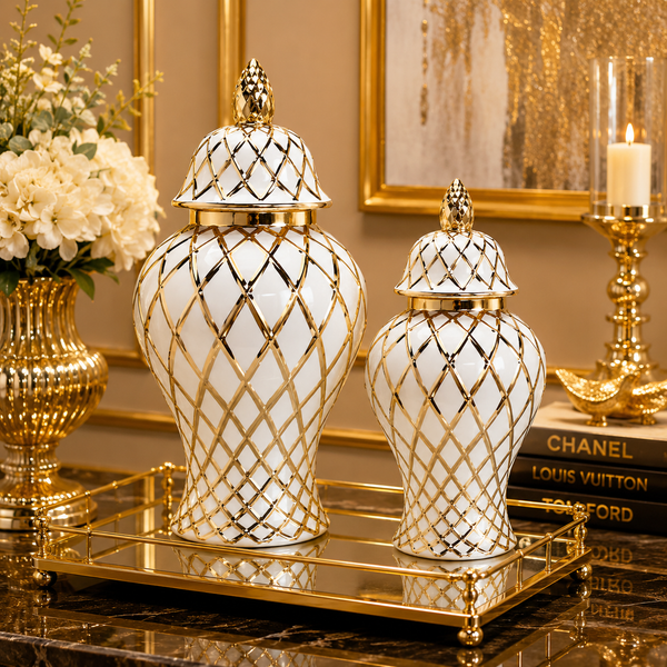 Royal Luxe White & Gold Ceramic Ginger Jar – Modern Decorative Accent Jars