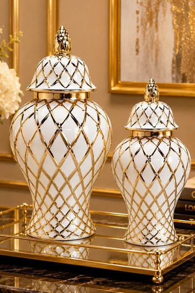 Royal Luxe White & Gold Ceramic Ginger Jar – Modern Decorative Accent Jars