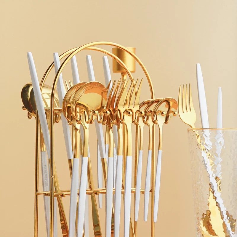 Cutlery serving  set white and gold 24pc utensil