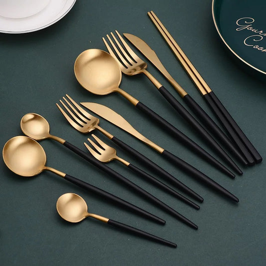 Cutlery serving set black and gold 24pc utensil