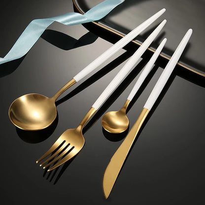 Cutlery serving  set white and gold 24pc utensil